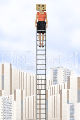 Woman with cardboard on the head is on the ladder