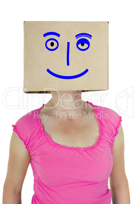 Woman has box with painted face on the head