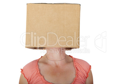 Woman has box with painted face on the head