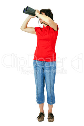 Woman looks through binoculars