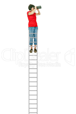 Woman standing on the ladder and looking into the distance with binoculars
