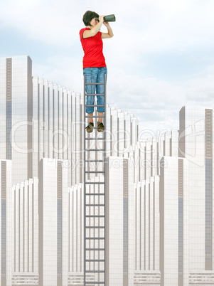 Woman standing on the ladder and looking into the distance with binoculars