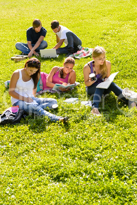 Students studying sitting in the park teens