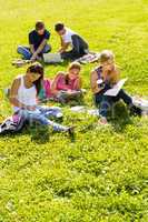 Students studying sitting in the park teens