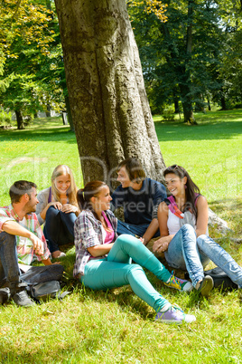 Students sitting in park talking smiling teens
