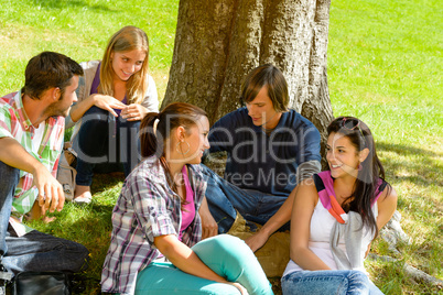 Students sitting in park talking smiling teens