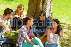 Students sitting in park talking smiling teens