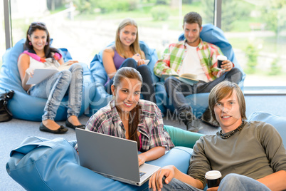 Students sitting on beanbags in study room in study room