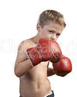cute little boy with boxing gloves isolated on white