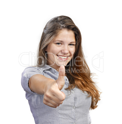 Portrait of attractive young woman showing a thumbs up on white