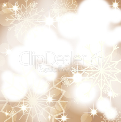 Gold christmas background with white snowflakes and fireworks