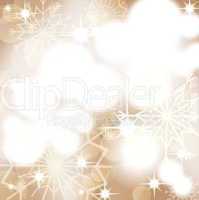 Gold christmas background with white snowflakes and fireworks