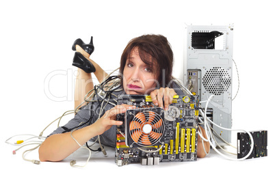 woman and computer motherboard