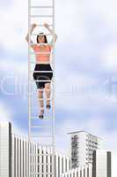 Woman climbs up the ladder