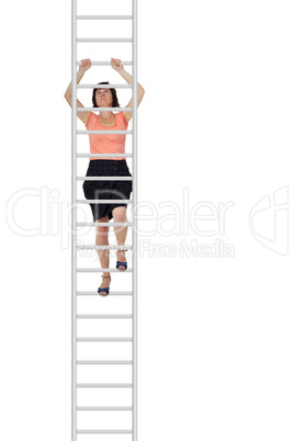 Woman climbs up the ladder