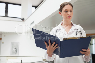 Female doctor reading  folder