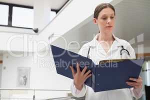 Female doctor reading  folder