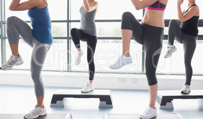 Women raising their legs while doing aerobics