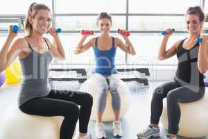Smiling women lifting weights on an exercise ball