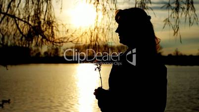 lady near lake, sunset