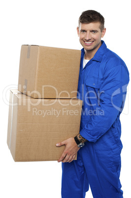 Relocation assistant staff carrying cardboard boxes