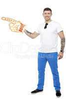 Sports fan holding Boo Hurray foam hand