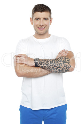 Masculine chap with massive tattoos