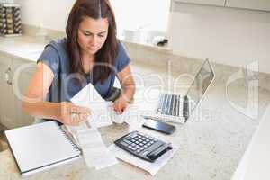 Woman calculating bills with laptop