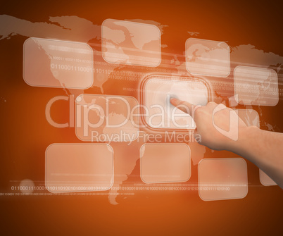 A finger touching button against orange background