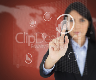 Businesswoman touching one button on red screen