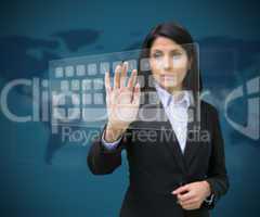 Woman touching digital keyboard against blue background