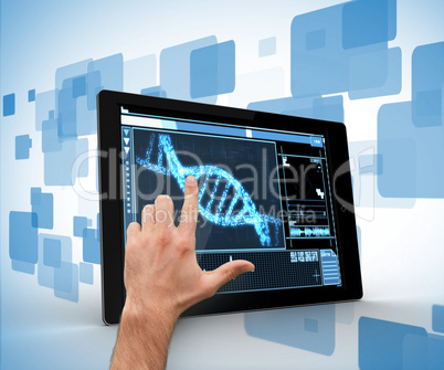 Man touching tablet pc with DNA interface