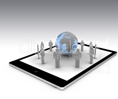 Stick figures around the blue globe on a tablet pc