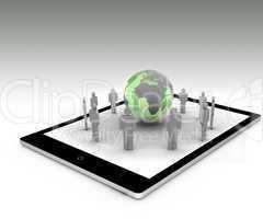 Stick figures around the green globe on a tablet pc
