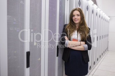 Smiling girl working in data storage facility