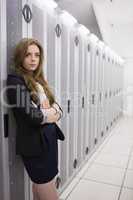 Girl standing in data storage facility