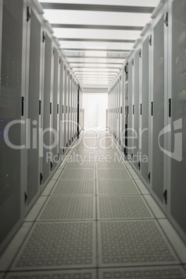 Hallway with a row of servers