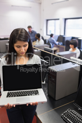 Woman showing a laptop