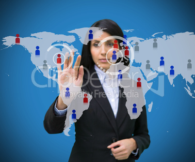 Woman touching blue world map interface