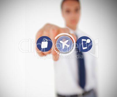 Businessman touching on airplane symbol