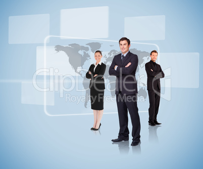 Business people standing in front of a map