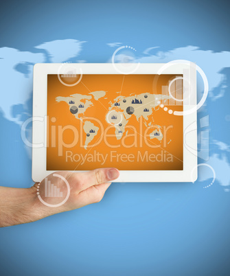 Tablet PC showing a orange map of the world
