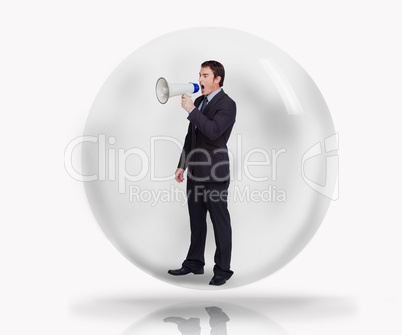 Businessman with megaphone in a bubble