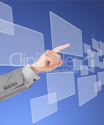 Finger pointing to a square against blue background