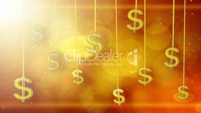 shiny dollar signs dangling on strings loop background