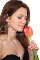 Beauty girl holding single tulip