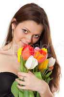 Beauty girl holding bouquet of tulips