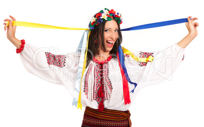 Attractive woman wears Ukrainian national dress is holding ukrai
