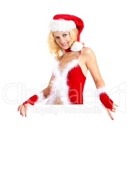 Young sexy Santa woman is holding a poster