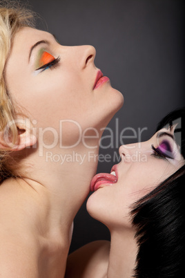 Two young attractive lesbians kissing isolated on gray backgroun